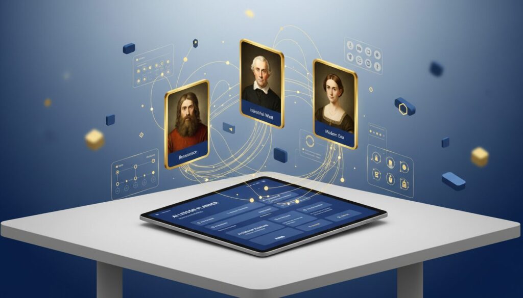 Educational tech banner with historical timeline, portraits, tablet interface, golden threads, deep blue theme.
