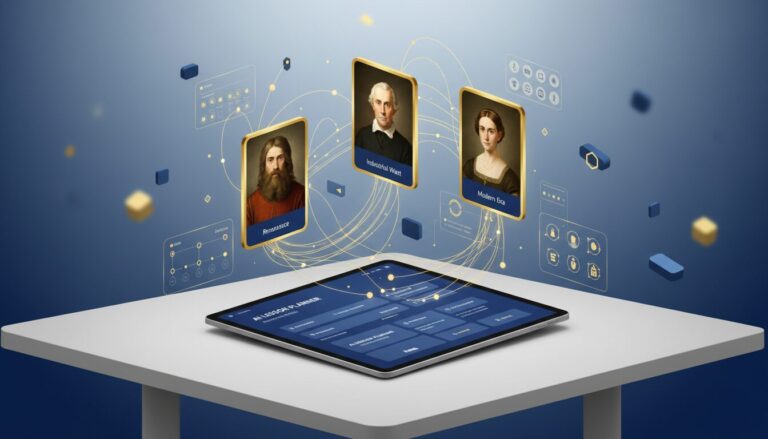 Educational tech banner with historical timeline, portraits, tablet interface, golden threads, deep blue theme.