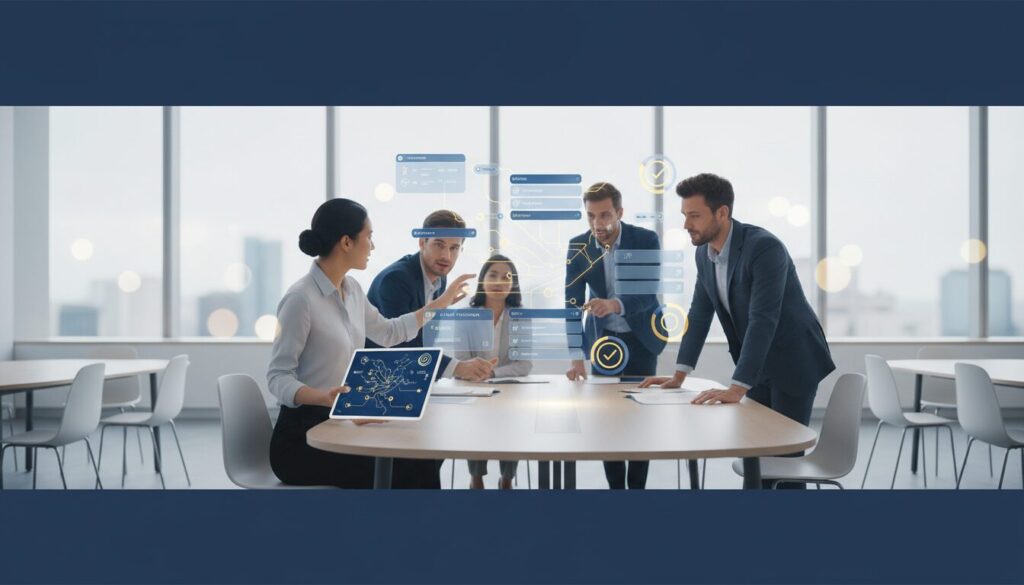 Educators collaborate around holographic AI interface in bright classroom with blue and yellow accents.