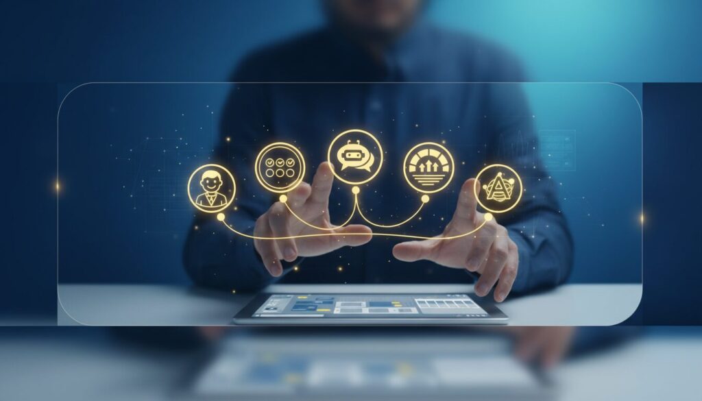 Educator's hands interact with glowing AI icons in a digital classroom, emphasizing innovation.