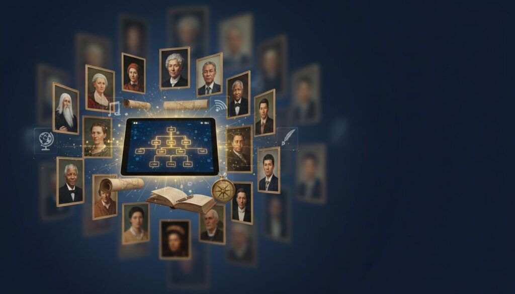 Elegant gallery of historical portraits, modern AI interface, warm lighting, educational symbols, deep blue background.
