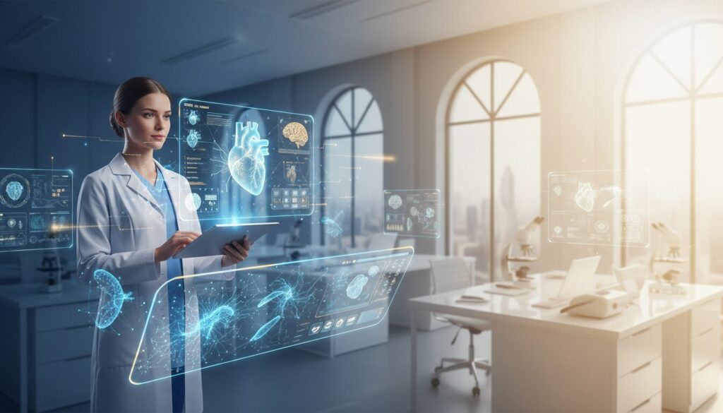 Female doctor in white coat using tablet with holographic medical diagrams, modern learning setting.