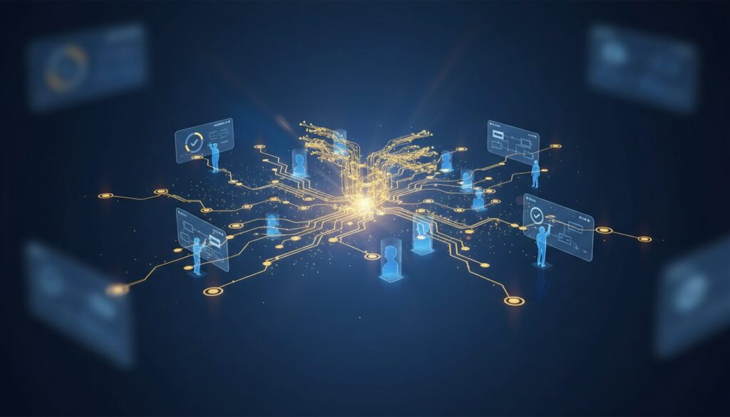 Futuristic digital learning scene with glowing neural network, AI pathways, and student silhouettes.