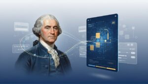 George Washington portrait next to modern AI interface, blending history with tech.