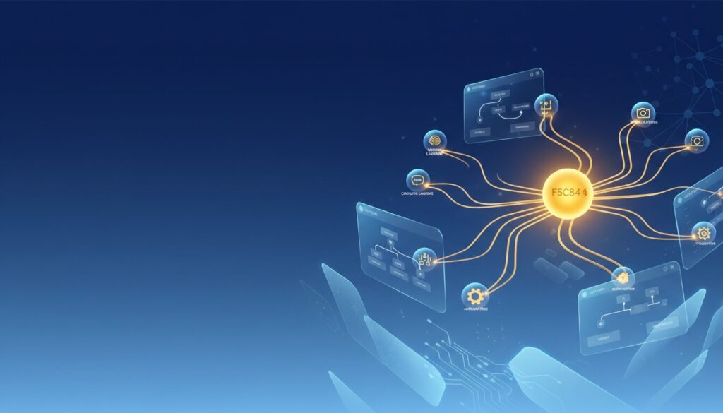 Glowing golden network node with AI pathways on a deep blue gradient, sleek interface panels.