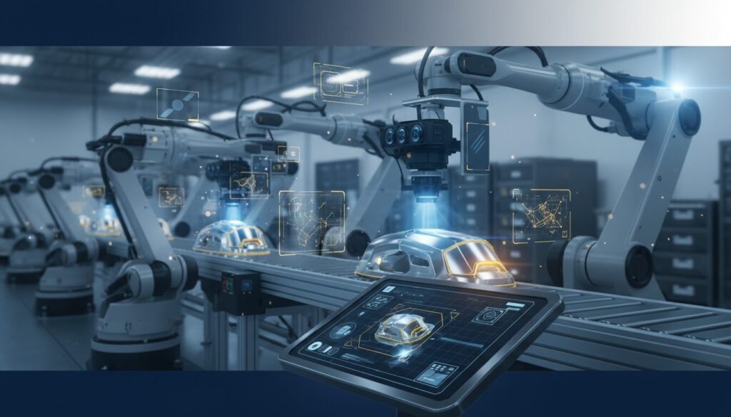 High-tech production line with robotic arms, AI vision interfaces, and real-time quality analysis.