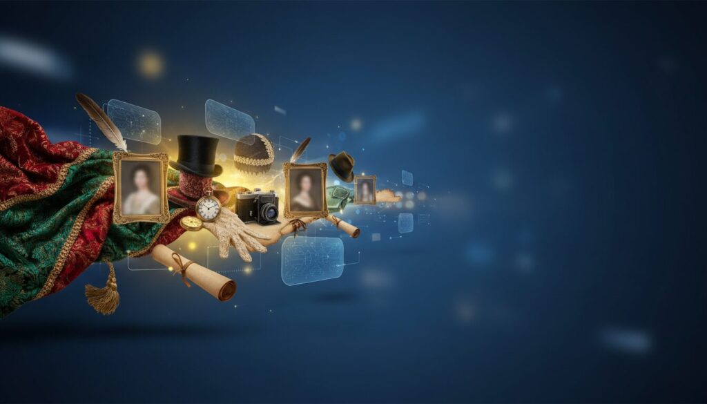 Historical timeline with ornate costumes, artifacts, and modern tech elements on a blue gradient.