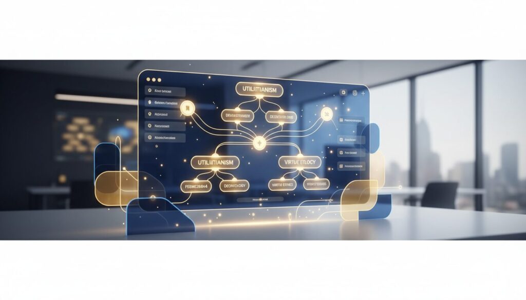 Holographic AI ethical decision tree in minimalist office with blue and gold geometric shapes.