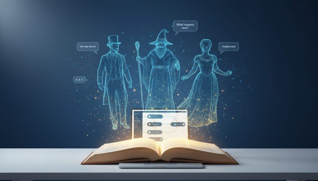 Holographic characters emerge from an open book on a modern desk with digital accents.