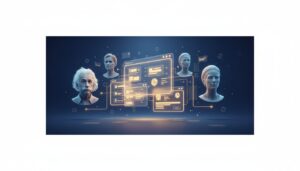 Holographic historical figures in modern debate scene with digital interface, blue and gold hues.