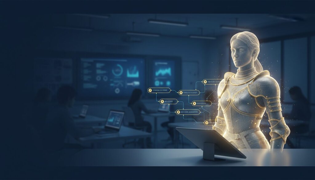Holographic Joan of Arc in armor emerging from tablet, no-code workflow, tech classroom backdrop.