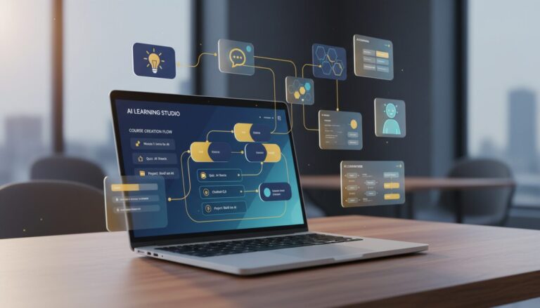 Interactive AI learning dashboard with modular blocks, holographic quiz icons, and chatbot symbols in a modern workspace.