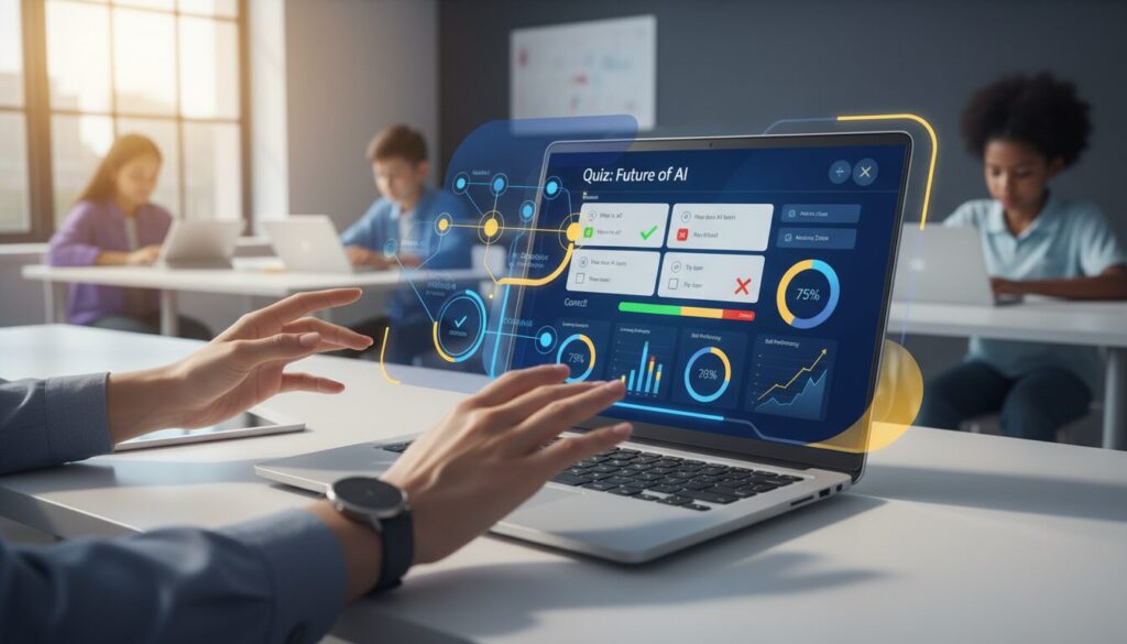 Interactive AI quiz on tablet in bright classroom, teacher gesturing, holographic data floating above.