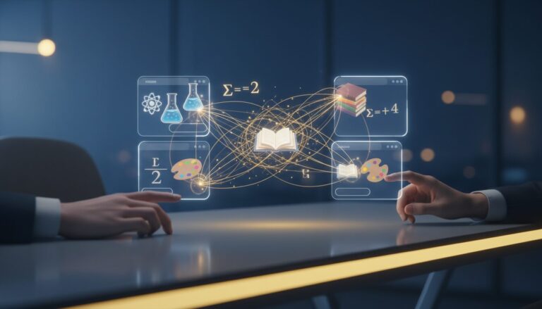 Interactive holographic display with subject nodes on a modern desk, deep blue and golden accents.