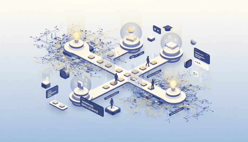 Isometric 3D illustration of a glowing learning pathway with educational icons, AI patterns, and human figures.