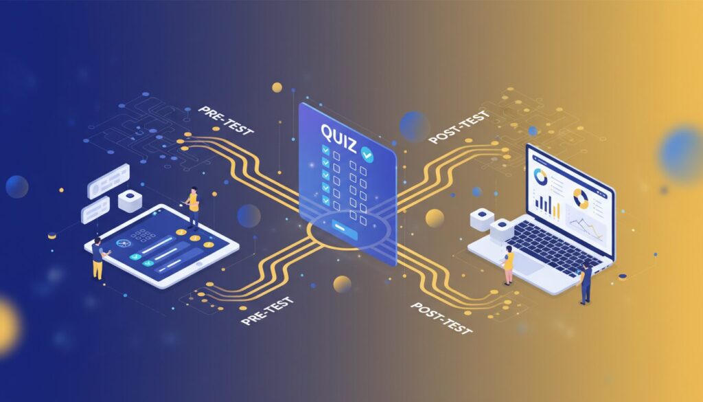 Isometric 3D illustration of AI assessment quiz with branching paths, blue-yellow gradient, interactive UI, and analytics.