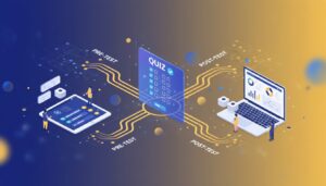 Isometric 3D illustration of AI assessment quiz with branching paths, blue-yellow gradient, interactive UI, and analytics.