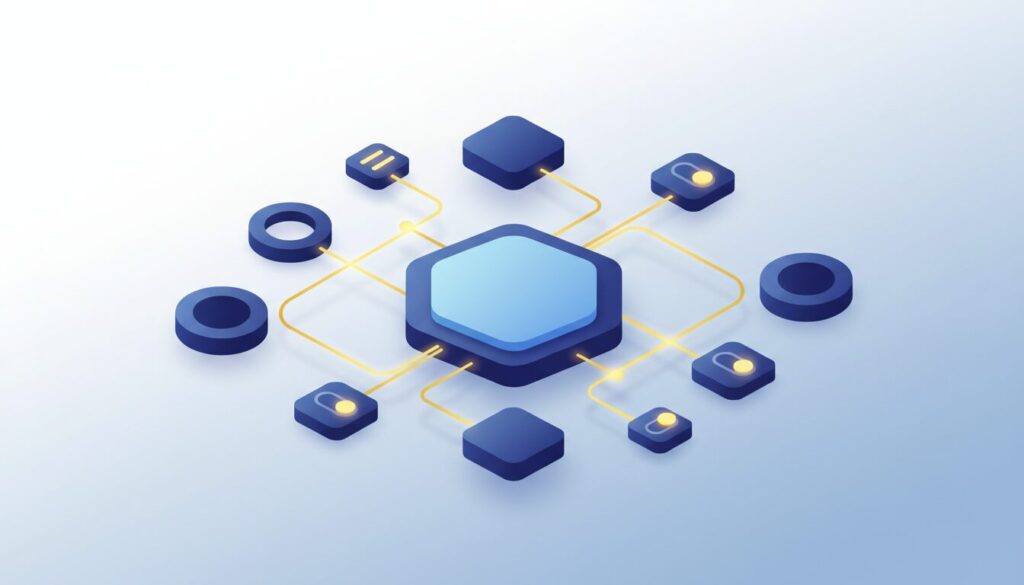 Isometric 3D nodes and pathways with glowing data streams on a gradient background.