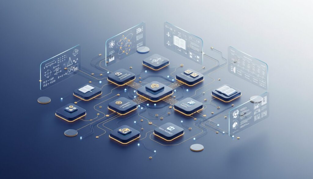 Isometric digital workspace with holographic panels for math, science, literature, and history; interconnected by neural network pathways in blue and gold; modular AI components with drag-and-drop interface.