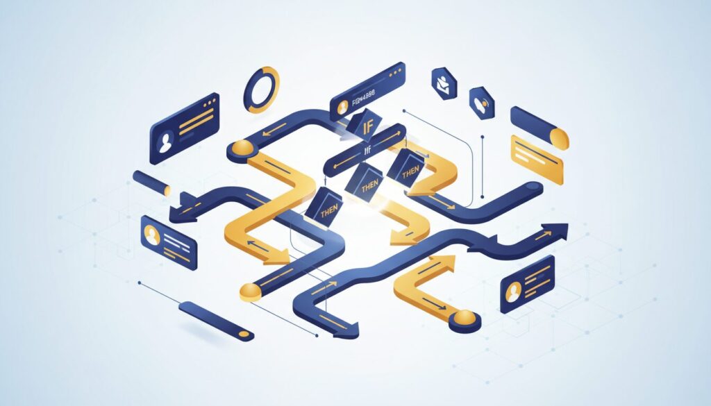 Isometric flowchart with glowing nodes and pathways, in blue and yellow, showcasing a digital learning network.
