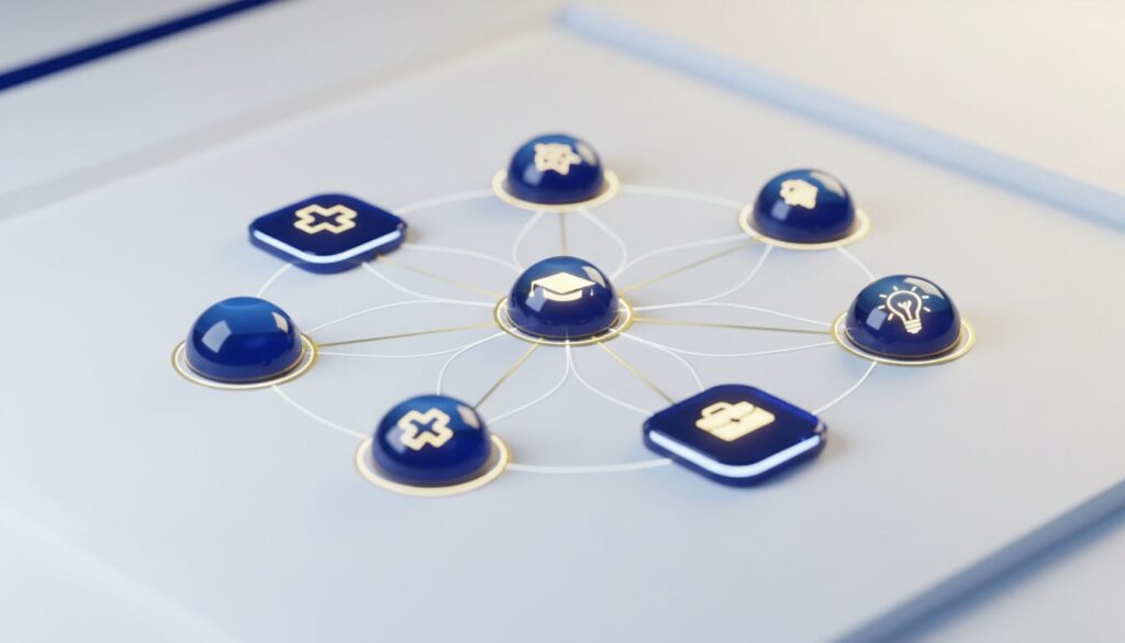 Isometric network of blue and gold spheres with industry icons on white gradient.
