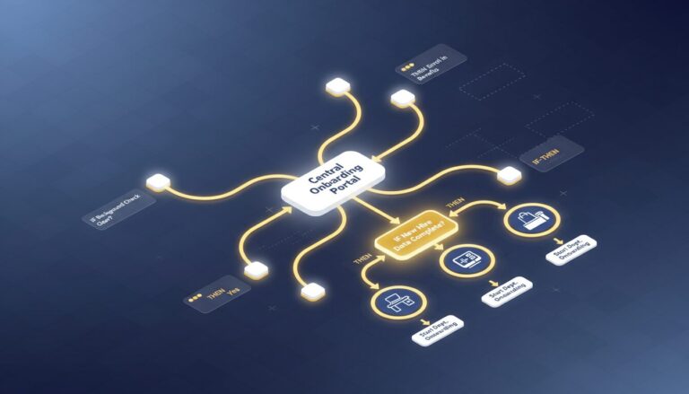 Isometric workflow diagram with glowing nodes, branching paths for onboarding.