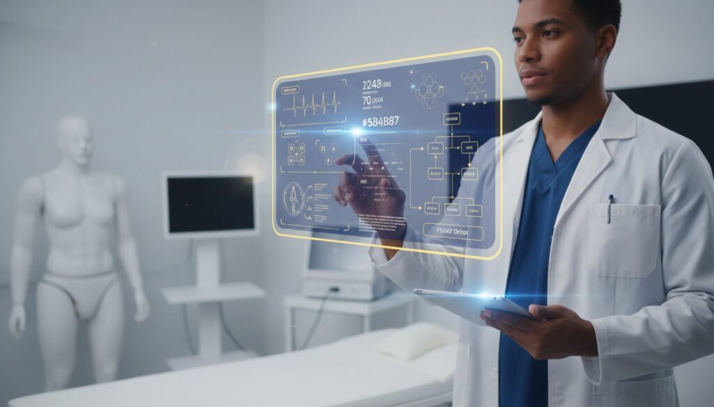 Medical student interacts with 3D holographic patient dashboard in modern training room.