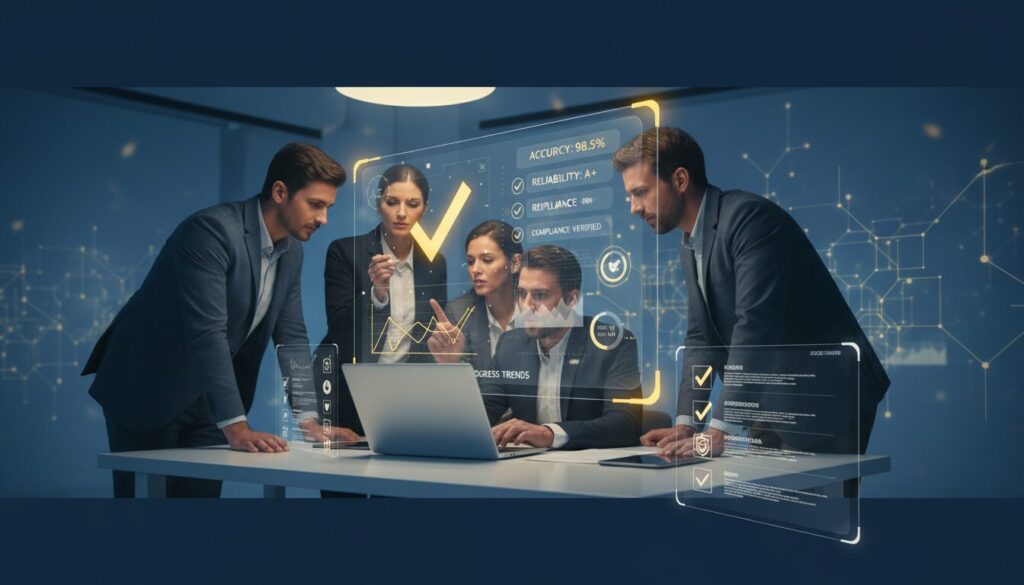 Modern AI education validation with holographic checkmark on laptop; educators collaborate on metrics.