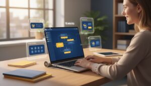 Modern classroom with a laptop showing a no-code AI interface, holographic UI, and educational tools.