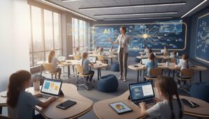 Modern classroom with diverse students at workstations, teacher using holographic AI interface