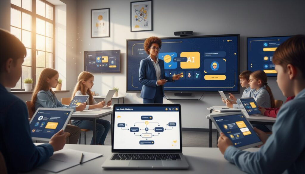 Modern classroom with diverse teacher at smart board, students using tablets, warm lighting, tech-focused atmosphere.