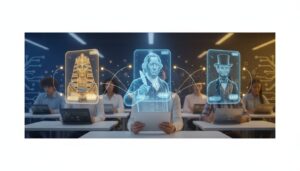 Modern classroom with holographic historical figures as AI chatbots, students holding tablets.
