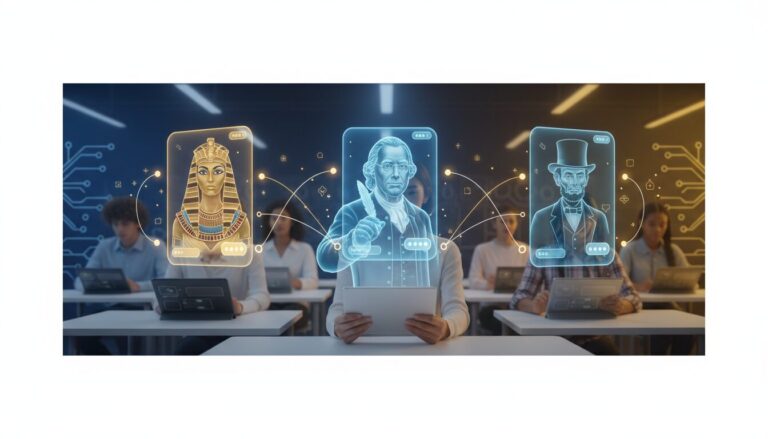 Modern classroom with holographic historical figures as AI chatbots, students holding tablets.