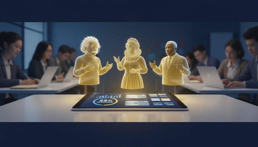 Modern classroom with holographic historical figures above a tablet, AI dashboard shows 22% improvement.