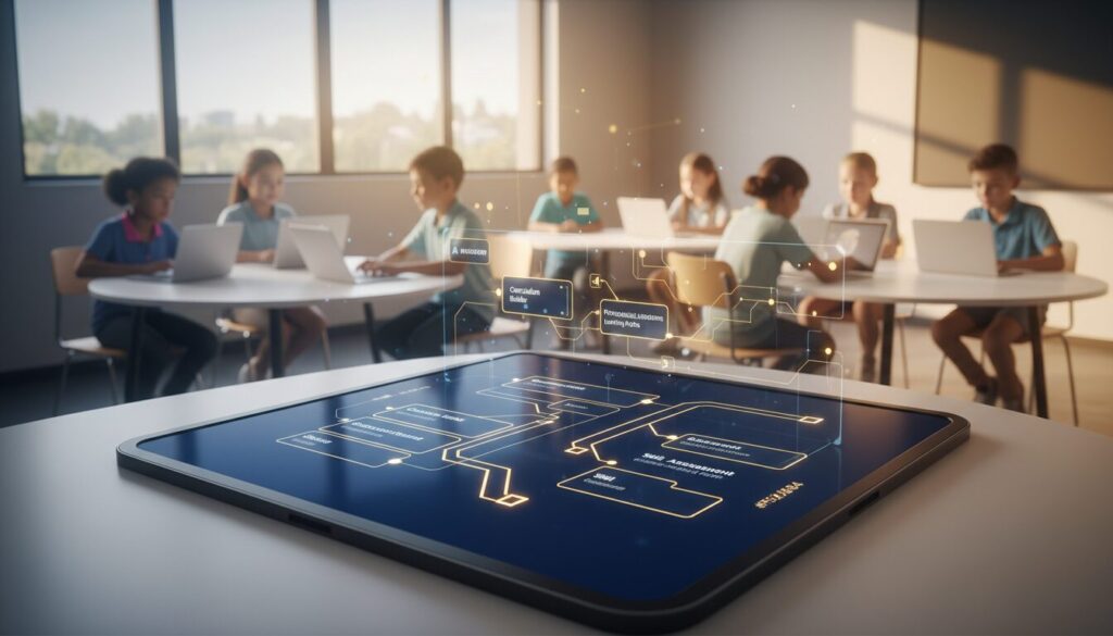 Modern classroom with interactive touchscreen AI, diverse students, warm lighting, balanced tech and learning.