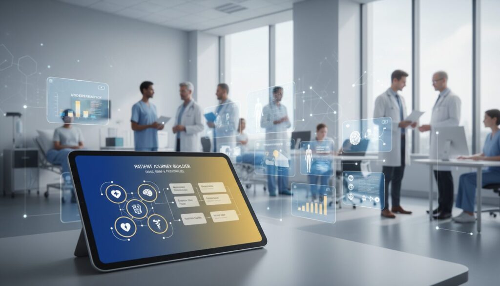 Modern clinic with digital patient education interface, diverse professionals, sleek touchscreen display.