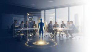Modern corporate training room with AI mentor hologram, diverse professionals learning, blue and gold tones.
