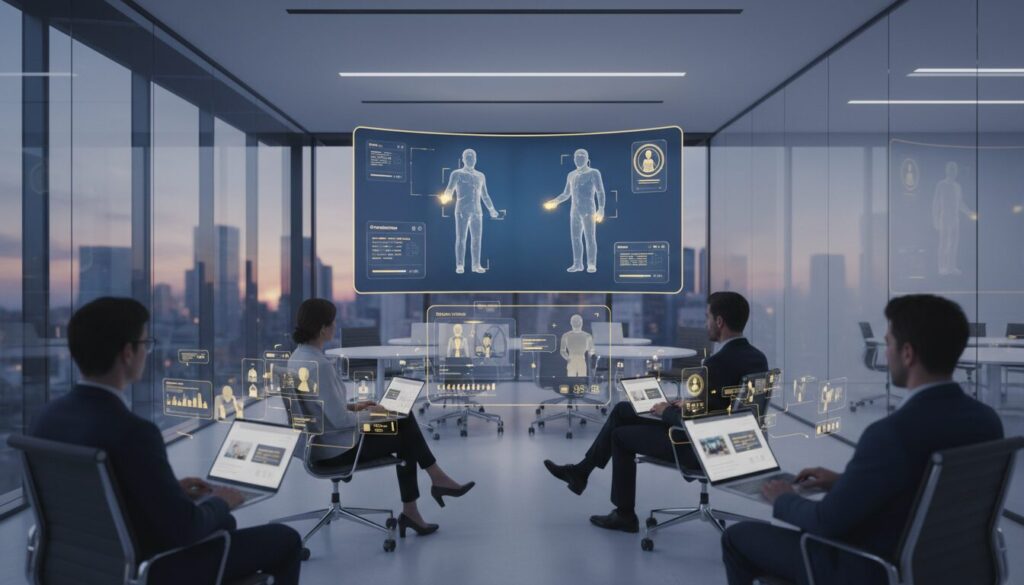 Modern corporate training room with AI simulations on digital screens, diverse professionals interacting.