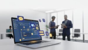 Modern digital workspace with glowing laptop, AI tools, and volunteers in sleek office.