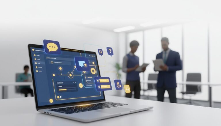 Modern digital workspace with glowing laptop, AI tools, and volunteers in sleek office.