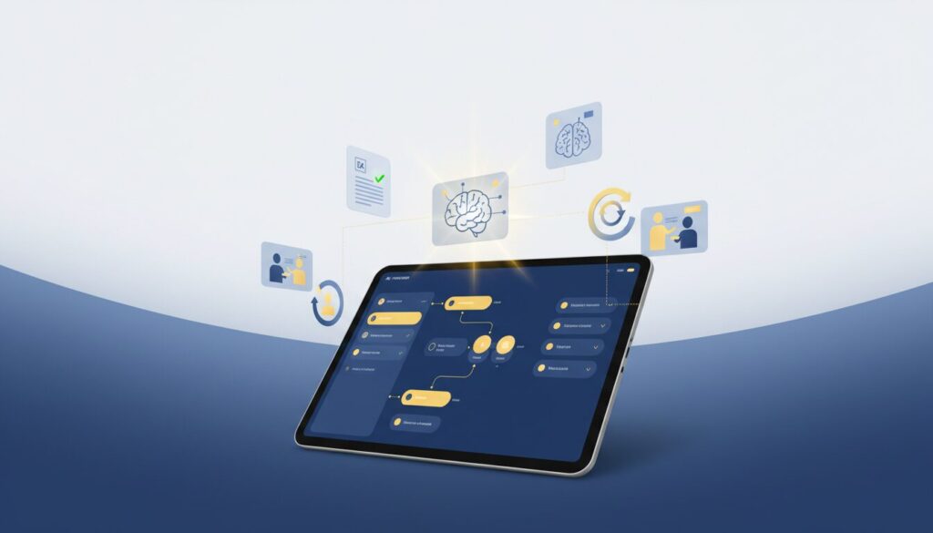 Modern ed-tech scene: tablet with AI interface, data insights, and glowing pathways.