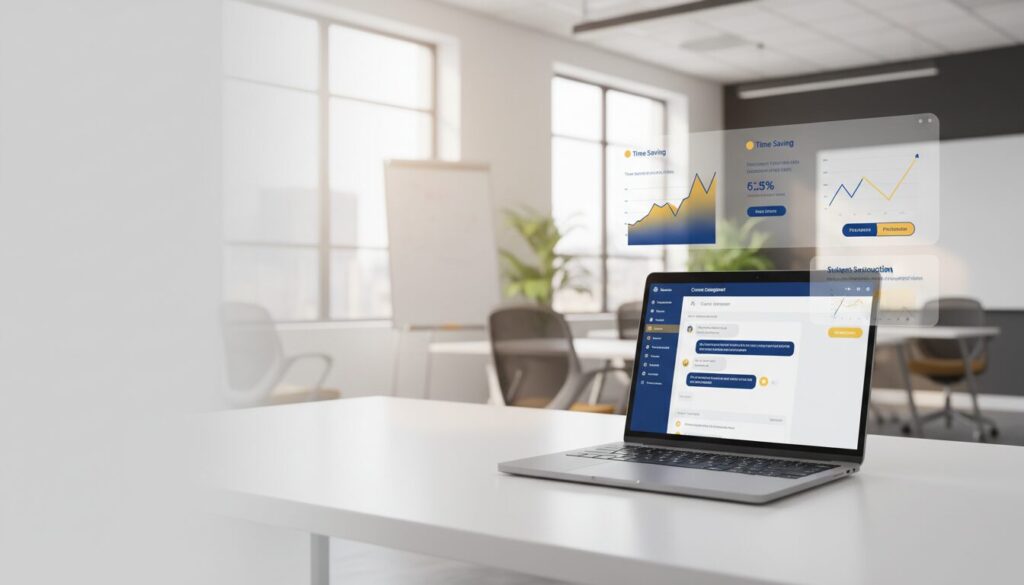 Modern educational scene with a laptop displaying AI chatbot and analytics in a warm, tech-savvy classroom.
