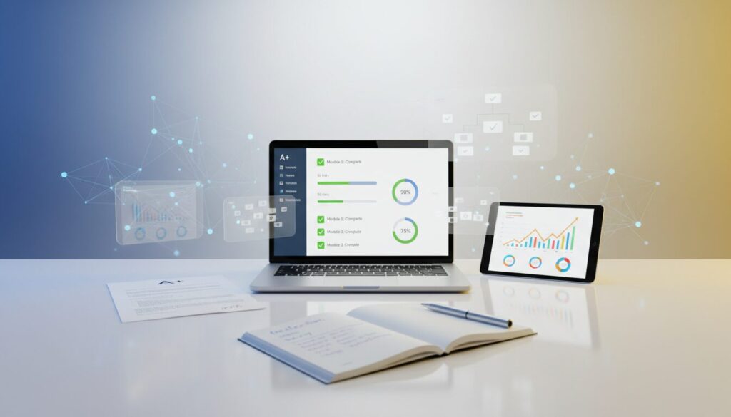 Modern educational tech scene with laptop, tablet, holographic nodes, and warm lighting.