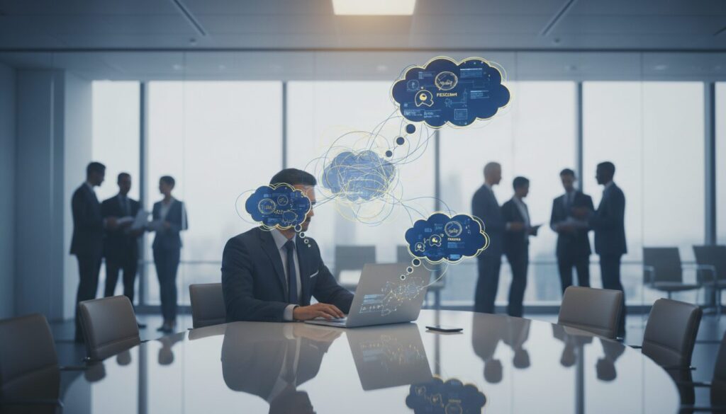 Modern executive at glass table with holographic AI interface, diverse team collaborating.