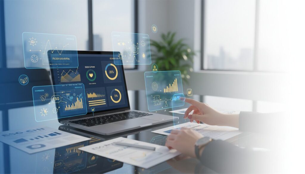 Modern finance workspace with laptop showing ESG metrics, holographic interface, and sustainable icons.