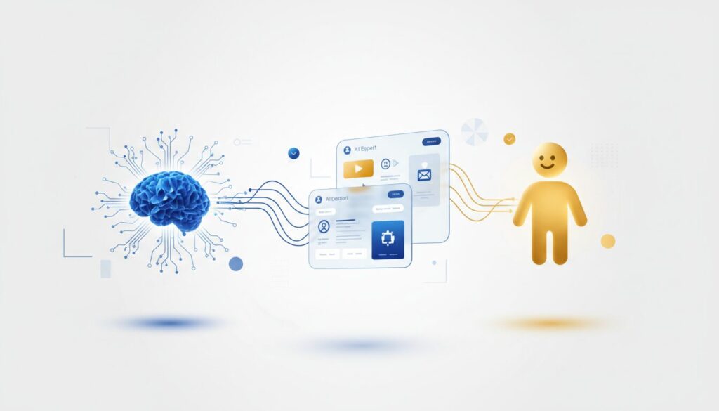 Modern interface with glowing AI nodes, blue expert and yellow assistant, connected by data streams.