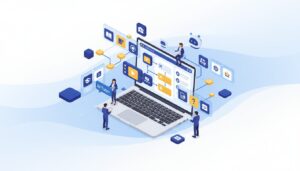 Modern isometric workspace with laptop, 3D UI elements, diverse miniature figures, deep blue and golden accents.