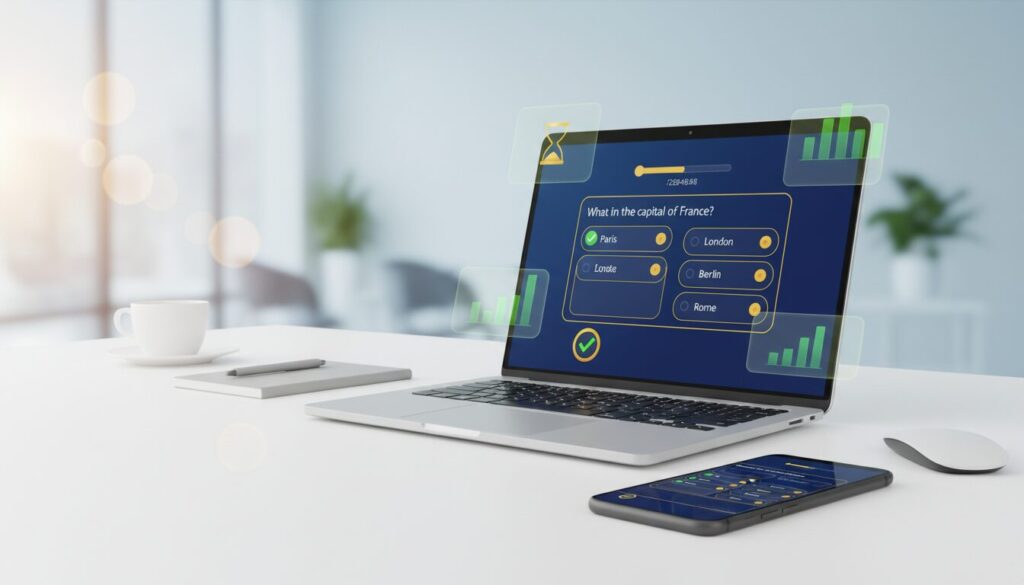 Modern laptop and smartphone displaying quiz interface on a clean desk with office backdrop.