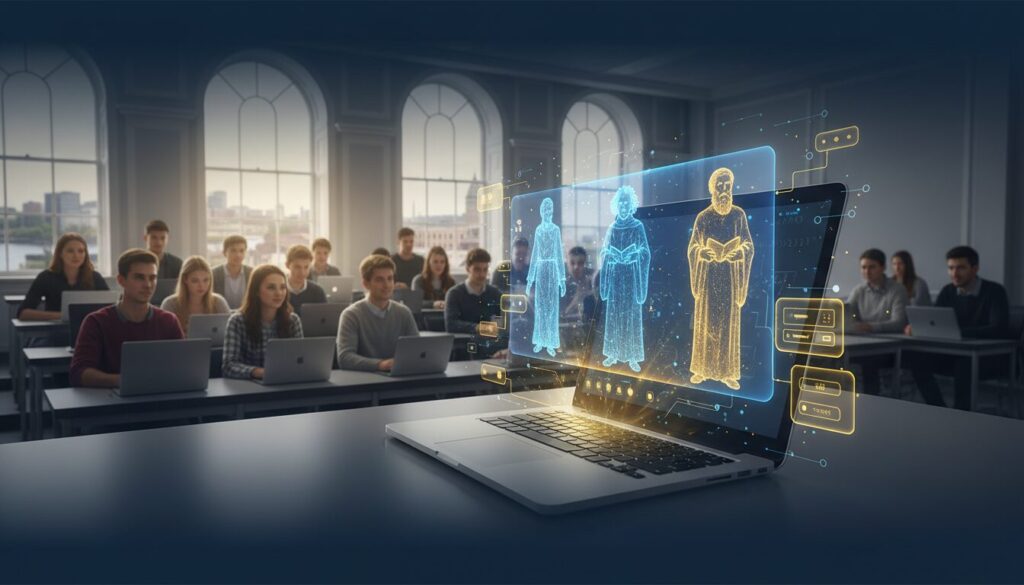 Modern lecture hall with holographic AI interface, historical figures, diverse students, Cork skyline.