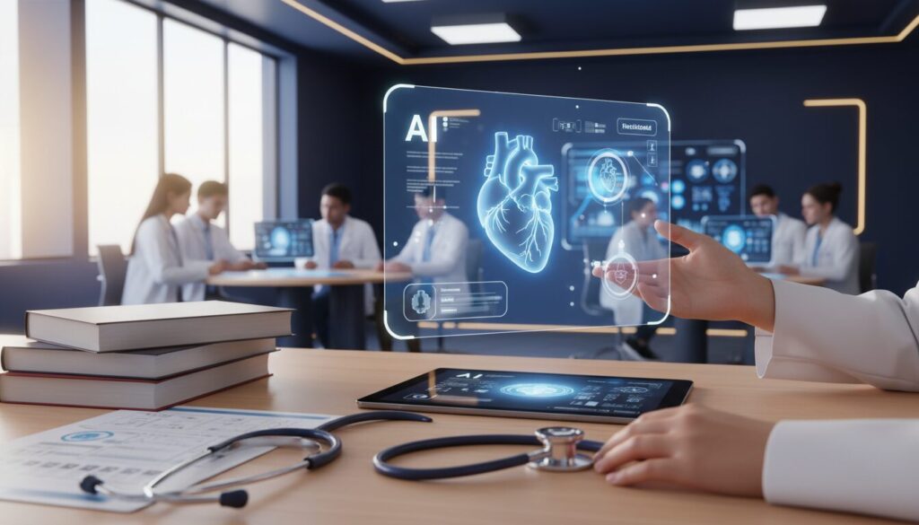 Modern medical classroom with holographic AI interface, instructor, and diverse students.